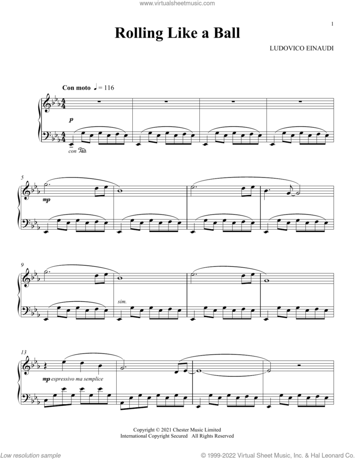 Rolling Like A Ball sheet music for piano solo by Ludovico Einaudi, classical score, intermediate skill level