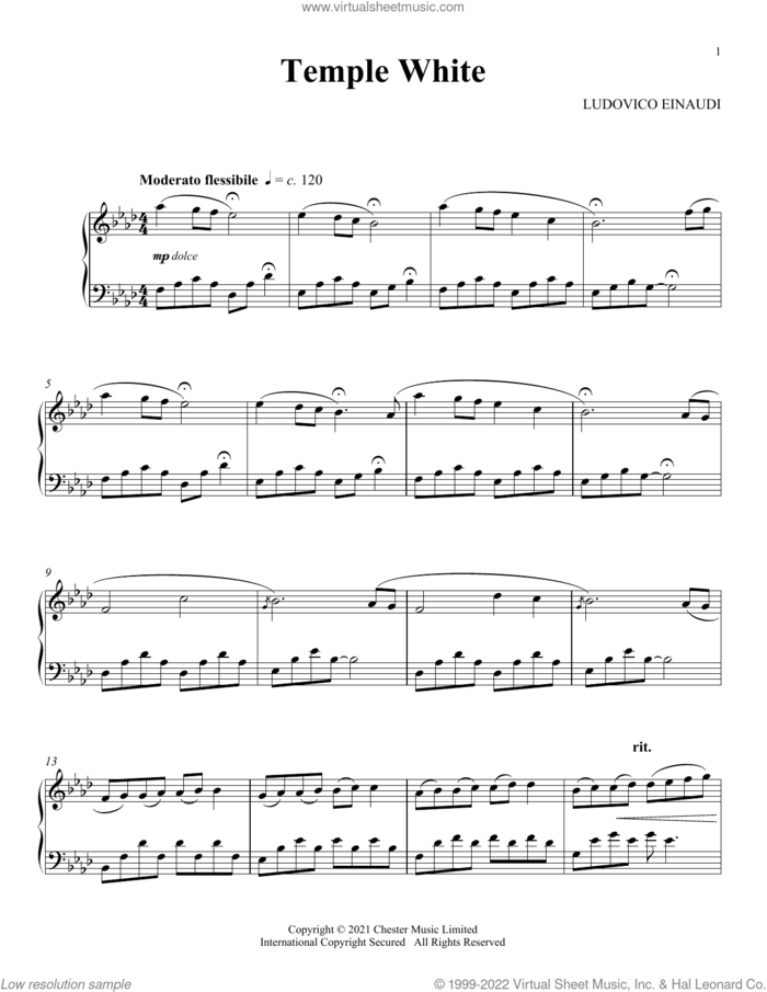 Temple White sheet music for piano solo by Ludovico Einaudi, classical score, intermediate skill level