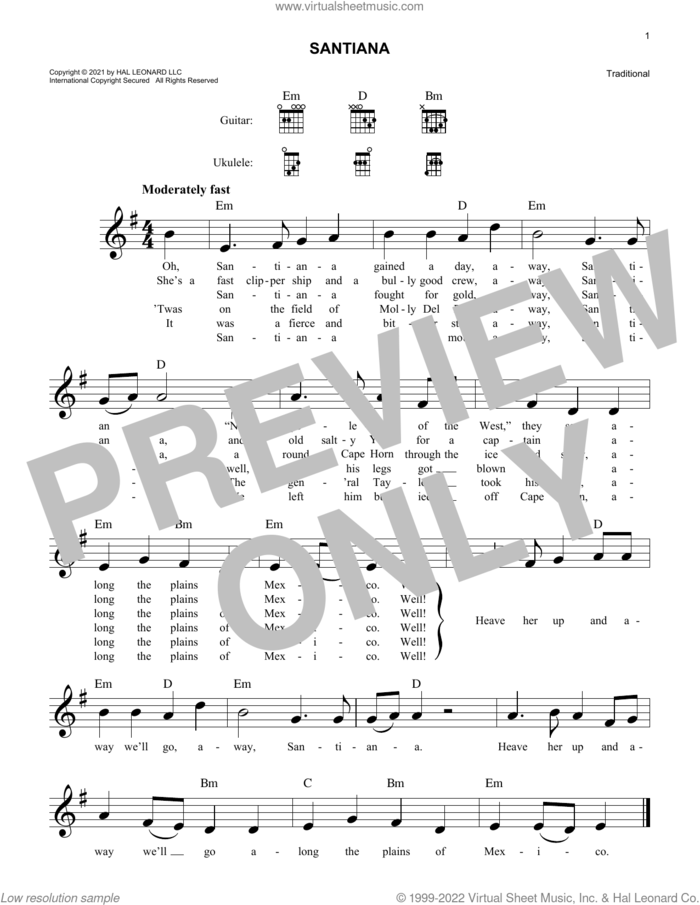 Santiana sheet music for voice and other instruments (fake book), intermediate skill level