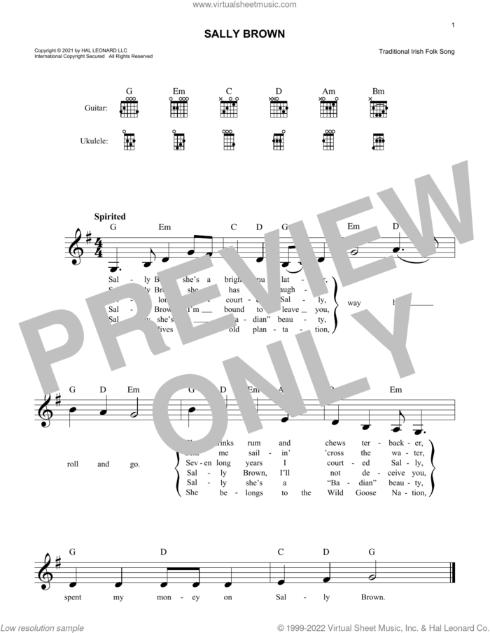 Sally Brown sheet music for voice and other instruments (fake book), intermediate skill level