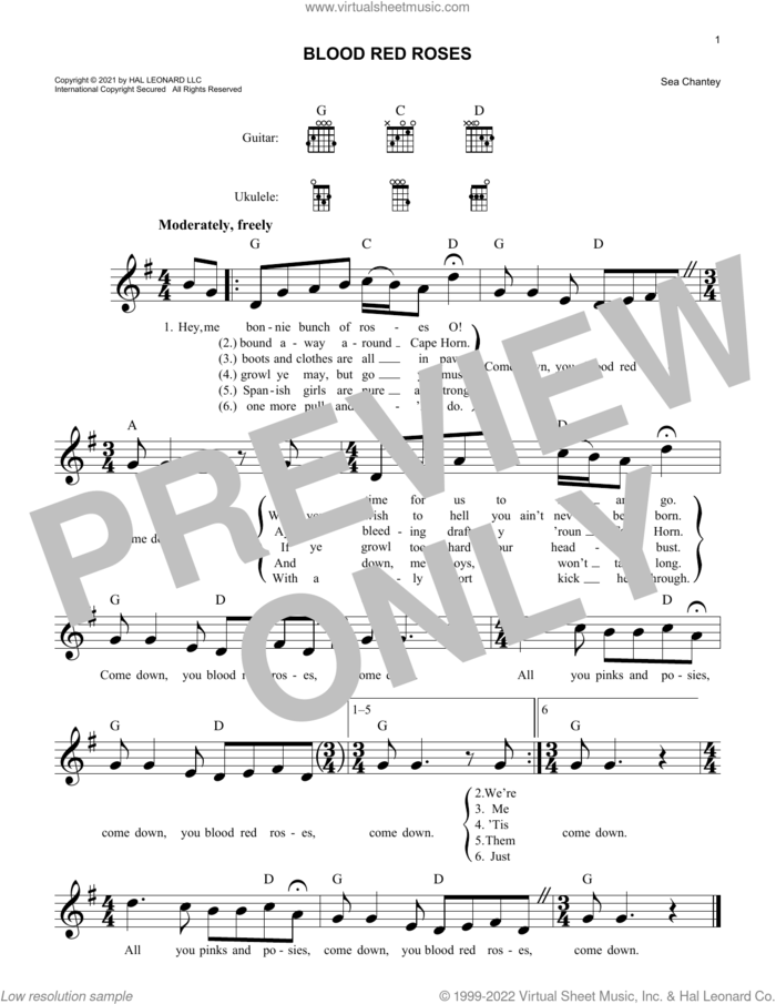 Blood Red Roses sheet music for voice and other instruments (fake book), intermediate skill level