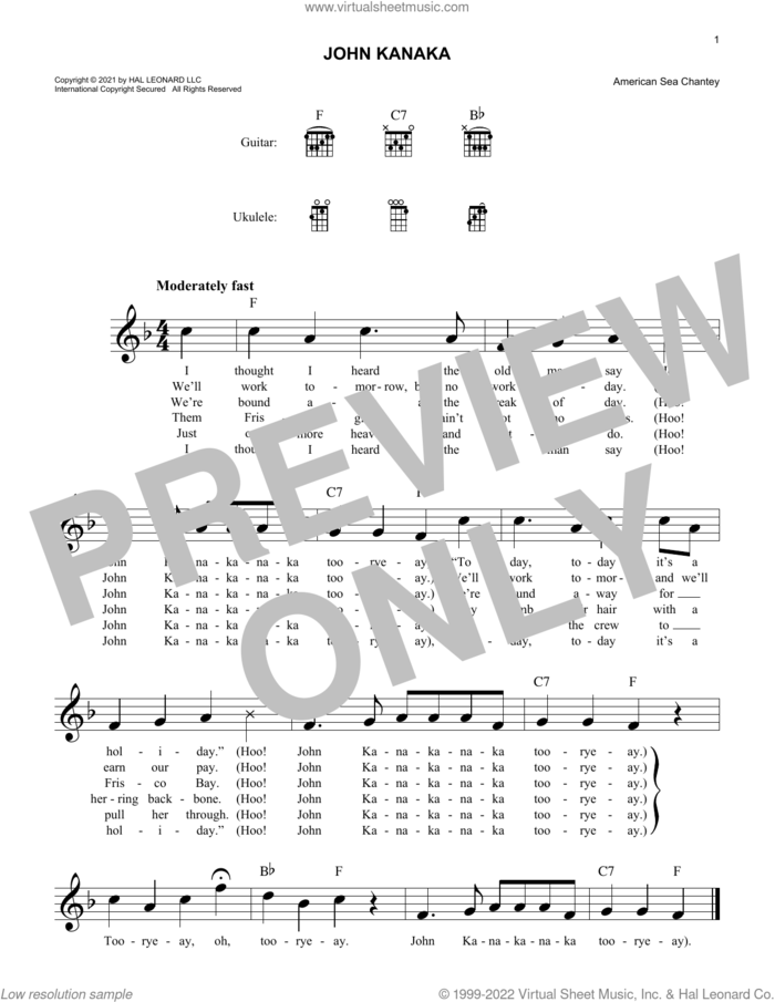 John Kanaka sheet music for voice and other instruments (fake book) by American Sea Chantey, intermediate skill level
