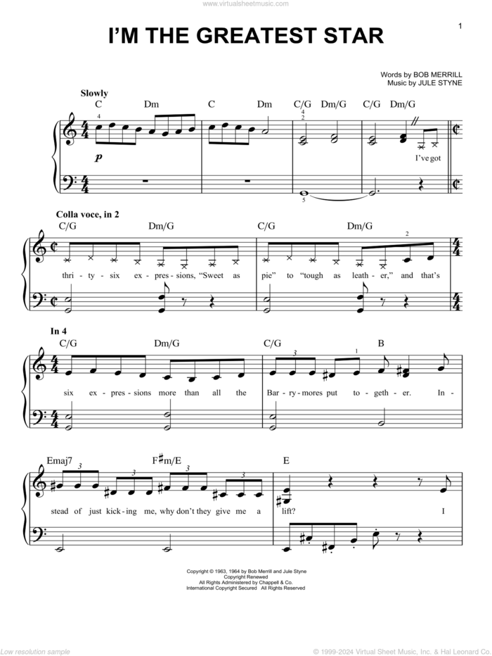I'm The Greatest Star (from Funny Girl) sheet music for piano solo by Barbra Streisand, Bob Merrill and Jule Styne, easy skill level