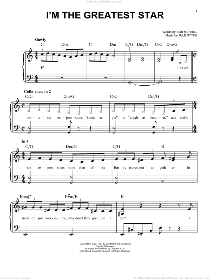 I'm The Greatest Star (from Funny Girl) sheet music for piano solo by Barbra Streisand, Bob Merrill and Jule Styne, easy skill level