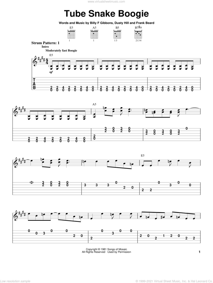 Tube Snake Boogie sheet music for guitar solo (easy tablature) by ZZ Top, Billy Gibbons, Dusty Hill and Frank Beard, easy guitar (easy tablature)