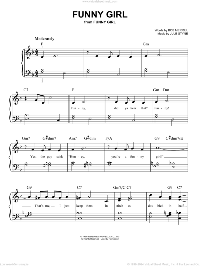 Funny Girl (from Funny Girl) sheet music for piano solo by Barbra Streisand, Bob Merrill and Jule Styne, easy skill level
