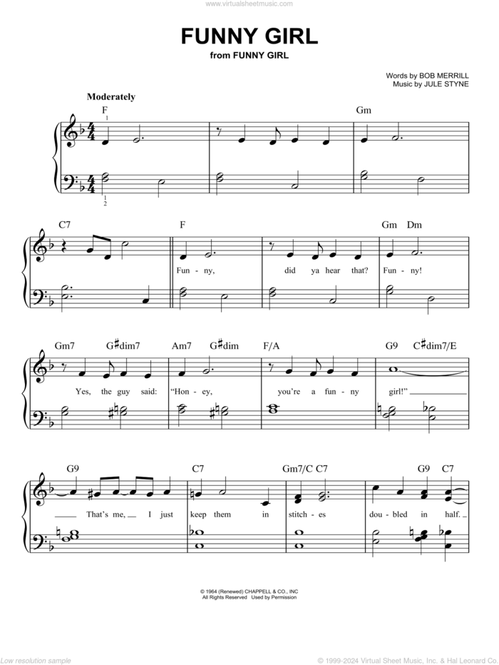 Funny Girl (from Funny Girl) sheet music for piano solo by Barbra Streisand, Bob Merrill and Jule Styne, easy skill level