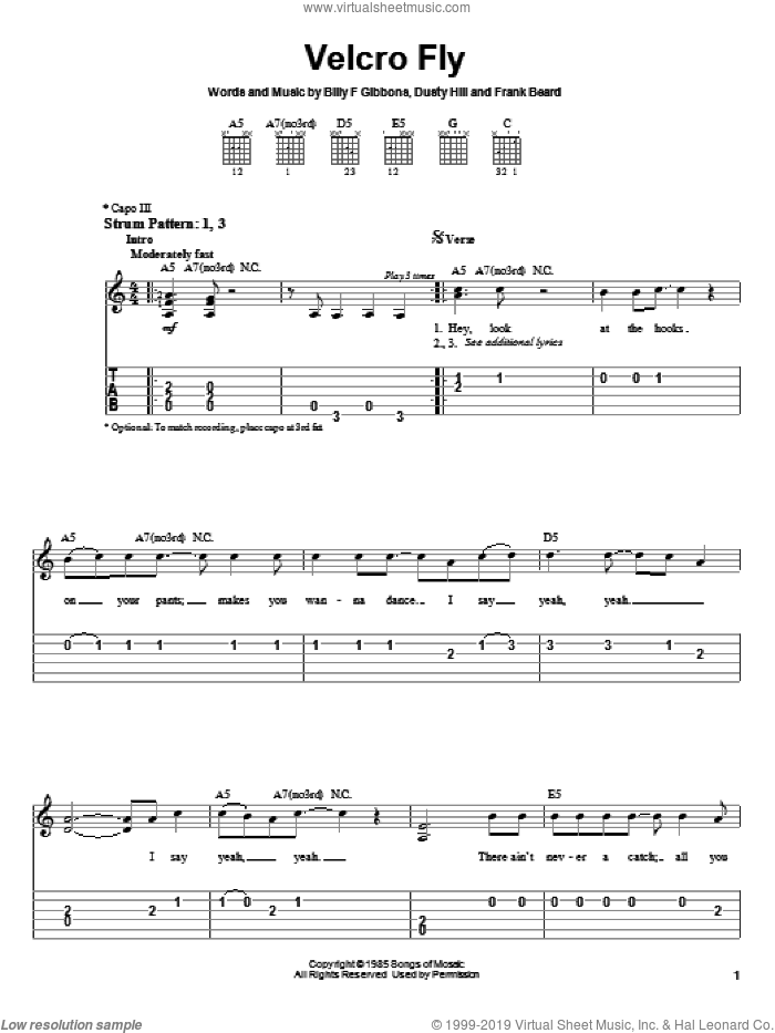 Velcro Fly sheet music for guitar solo (easy tablature) by ZZ Top, Billy Gibbons, Dusty Hill and Frank Beard, easy guitar (easy tablature)