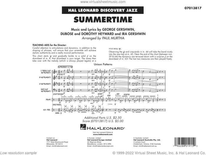 Summertime (arr. Paul Murtha) sheet music for jazz band (full score) by George Gershwin, Paul Murtha, Dorothy Heyward, DuBose Heyward and Ira Gershwin, intermediate skill level