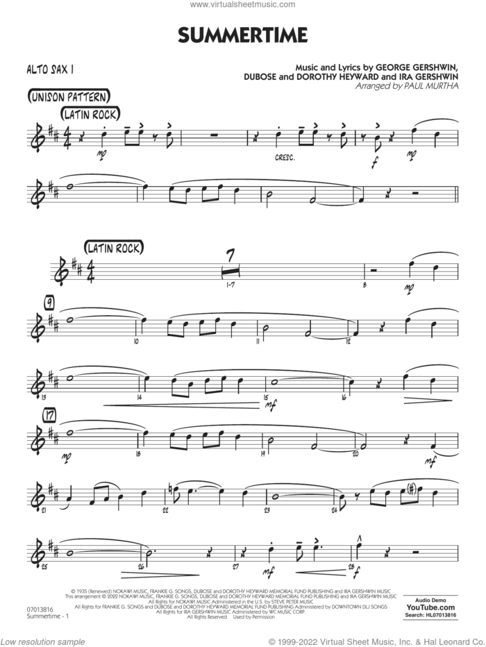 Summertime (arr. Paul Murtha) sheet music for jazz band (alto sax 1) by George Gershwin, Paul Murtha, Dorothy Heyward, DuBose Heyward and Ira Gershwin, intermediate skill level