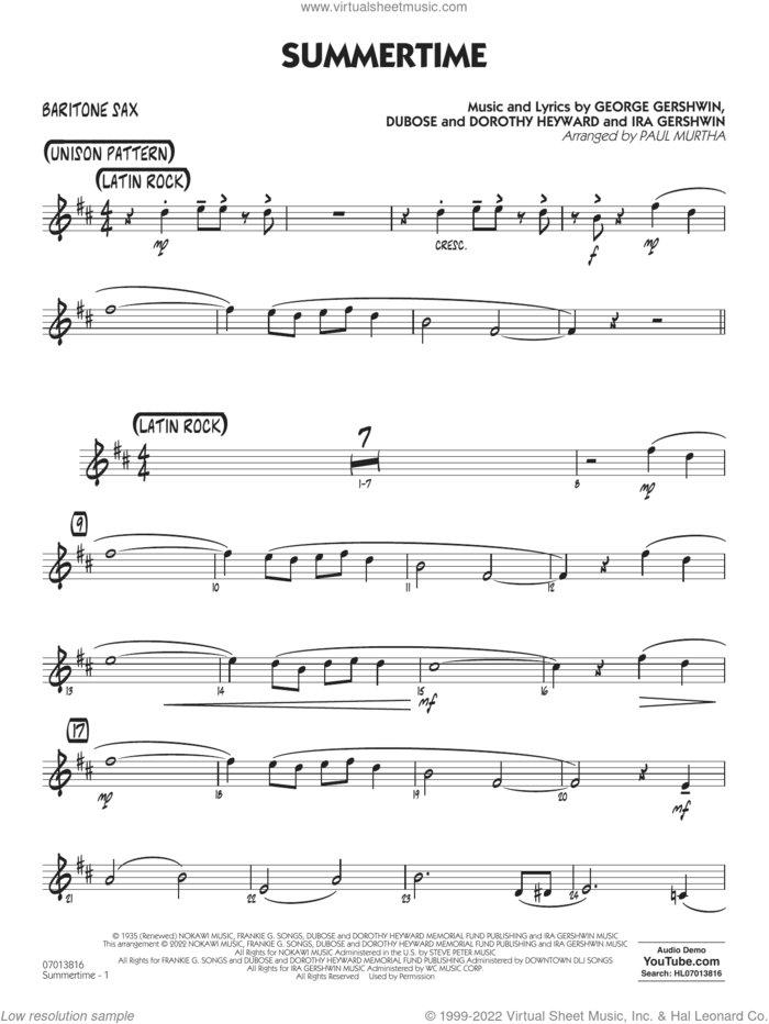 Summertime (arr. Paul Murtha) sheet music for jazz band (baritone sax) by George Gershwin, Paul Murtha, Dorothy Heyward, DuBose Heyward and Ira Gershwin, intermediate skill level