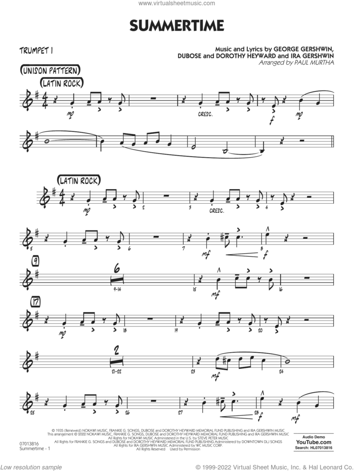 Summertime (arr. Paul Murtha) sheet music for jazz band (trumpet 1) by George Gershwin, Paul Murtha, Dorothy Heyward, DuBose Heyward and Ira Gershwin, intermediate skill level