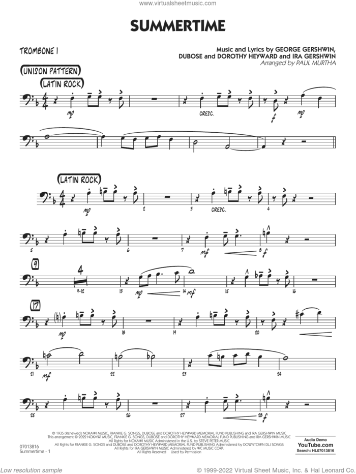 Summertime (arr. Paul Murtha) sheet music for jazz band (trombone 1) by George Gershwin, Paul Murtha, Dorothy Heyward, DuBose Heyward and Ira Gershwin, intermediate skill level