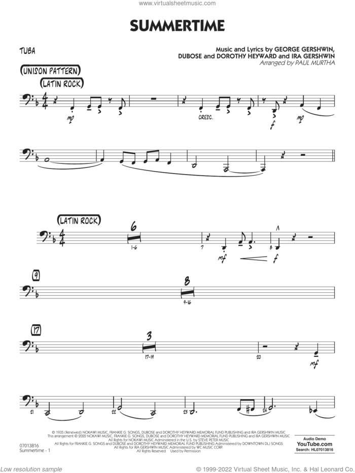 Summertime (arr. Paul Murtha) sheet music for jazz band (tuba) by George Gershwin, Paul Murtha, Dorothy Heyward, DuBose Heyward and Ira Gershwin, intermediate skill level