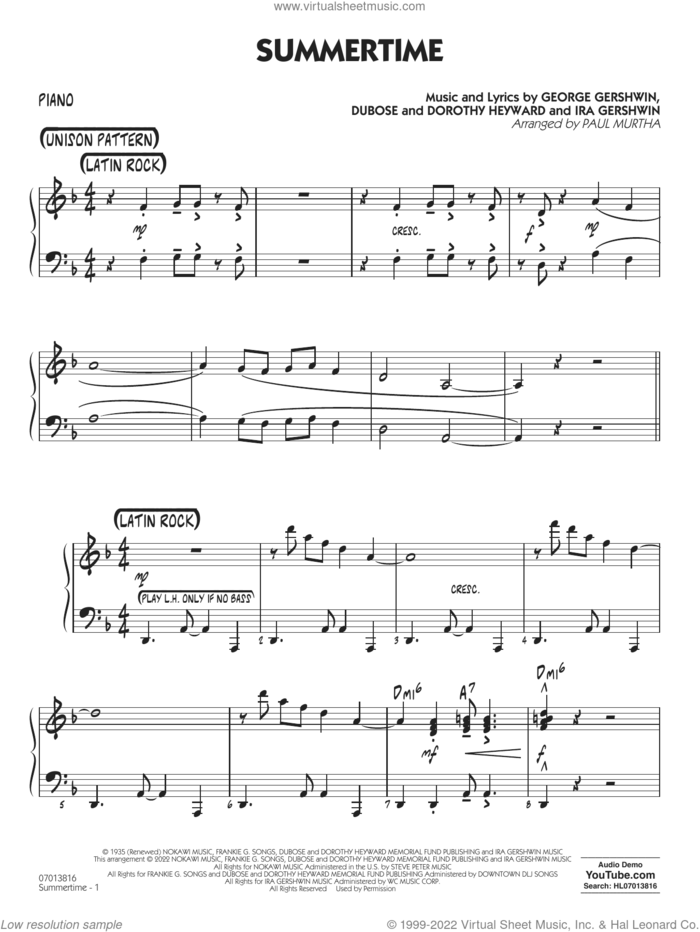 Summertime (arr. Paul Murtha) sheet music for jazz band (piano) by George Gershwin, Paul Murtha, Dorothy Heyward, DuBose Heyward and Ira Gershwin, intermediate skill level