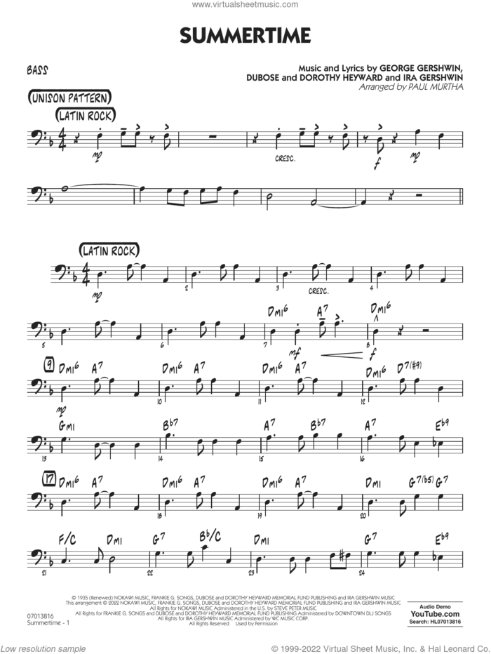 Summertime (arr. Paul Murtha) sheet music for jazz band (bass) by George Gershwin, Paul Murtha, Dorothy Heyward, DuBose Heyward and Ira Gershwin, intermediate skill level