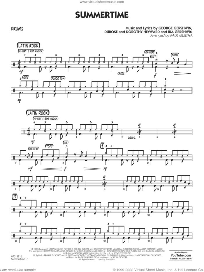 Summertime (arr. Paul Murtha) sheet music for jazz band (drums) by George Gershwin, Paul Murtha, Dorothy Heyward, DuBose Heyward and Ira Gershwin, intermediate skill level