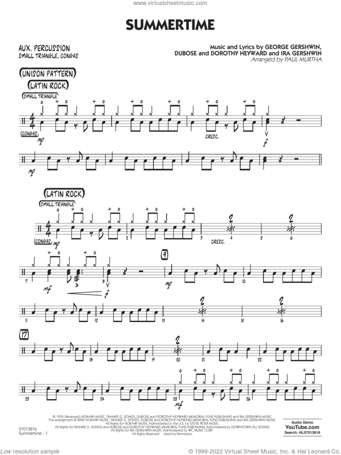 Summertime (arr. Paul Murtha) sheet music for jazz band (aux percussion) by George Gershwin, Paul Murtha, Dorothy Heyward, DuBose Heyward and Ira Gershwin, intermediate skill level