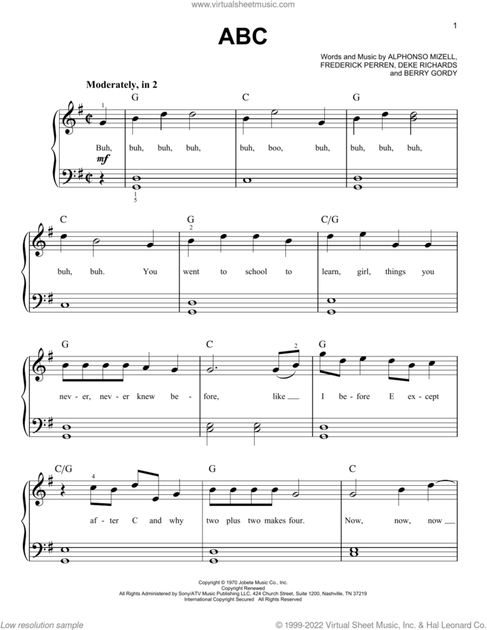 ABC, (beginner) sheet music for piano solo by The Jackson 5, Alphonso Mizell, Berry Gordy, Deke Richards and Frederick Perren, beginner skill level