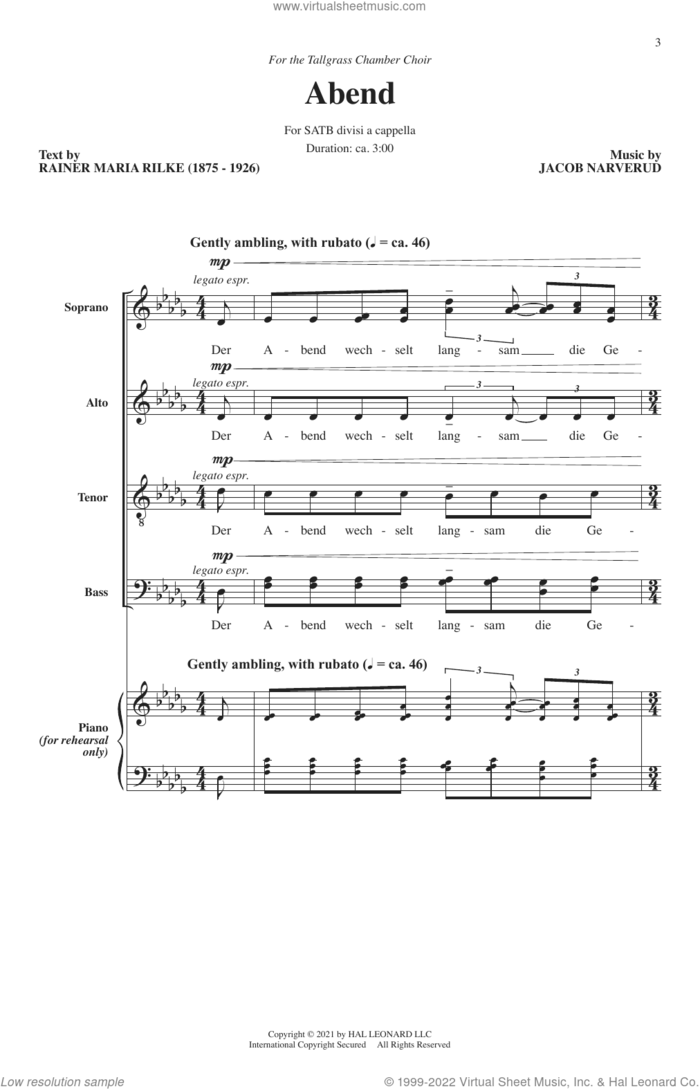 Abend sheet music for choir (SATB: soprano, alto, tenor, bass) by Jacob Narverud, intermediate skill level