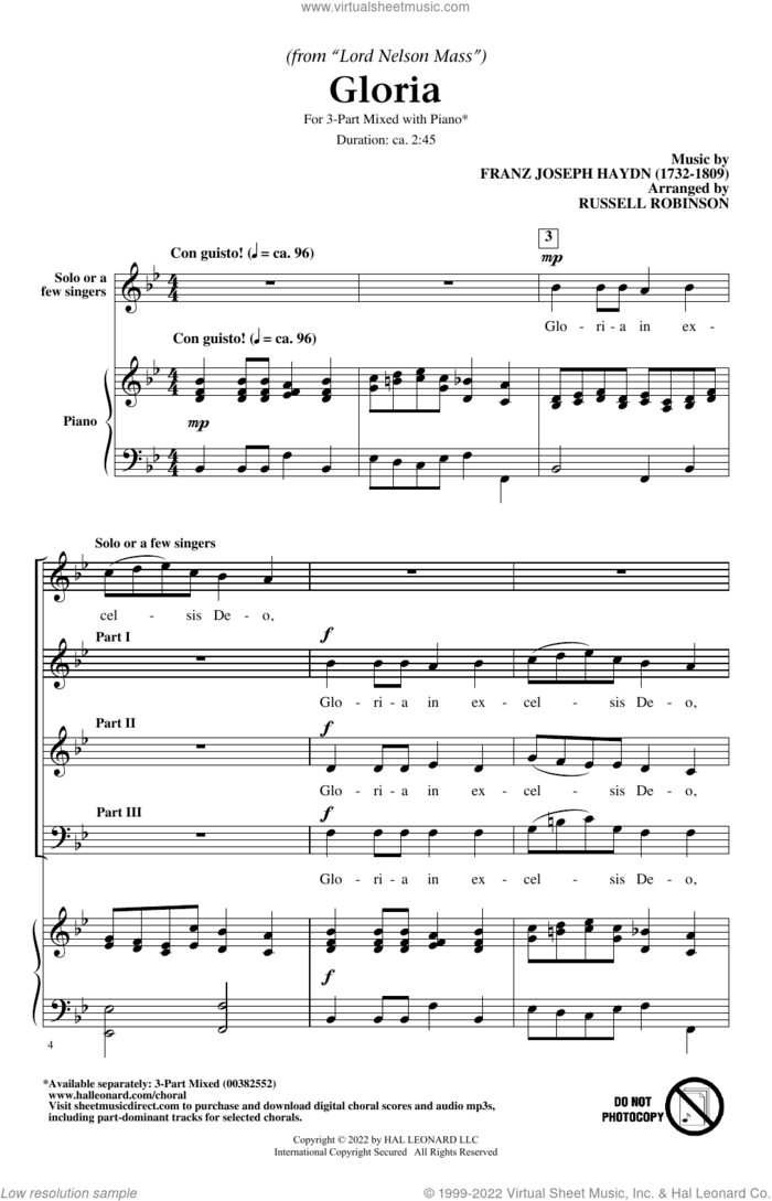 Gloria (from Lord Nelson Mass) (arr. Russell Robinson) sheet music for choir (3-Part Mixed) by Franz Joseph Haydn and Russell Robinson, intermediate skill level