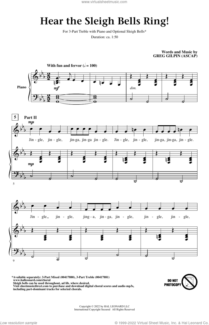 Hear the Sleigh Bells Ring! sheet music for choir (3-Part Treble) by Greg Gilpin, intermediate skill level