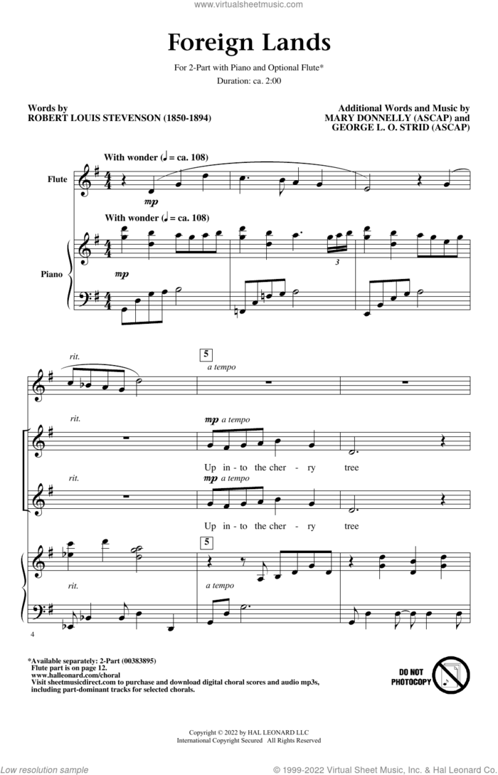 Foreign Lands sheet music for choir (2-Part) by Mary Donnelly, Robert Louis Stevenson, George L.O. Strid and Mary Donnelly and George L.O. Strid, intermediate duet