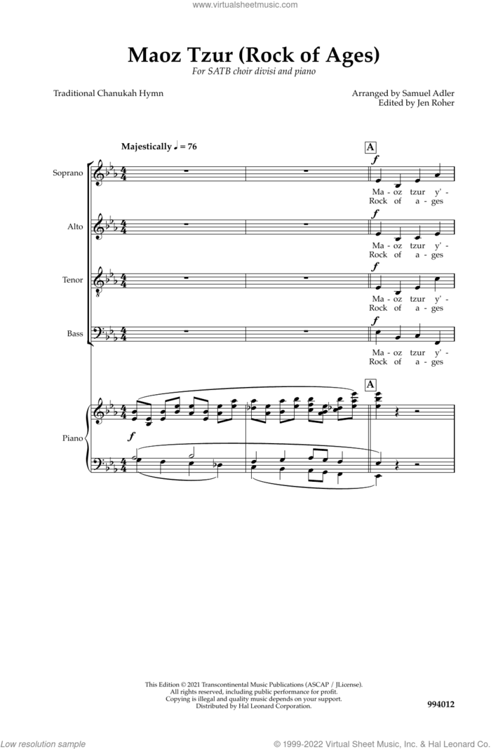 Maoz Tzur (Rock Of Ages) (arr. Samuel Adler) sheet music for choir (SATB: soprano, alto, tenor, bass) by Traditional Chanukah Hymn and Samuel Adler, intermediate skill level