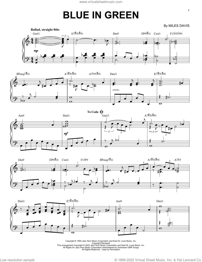 Blue In Green [Jazz version] (arr. Brent Edstrom) sheet music for piano solo by Miles Davis and Brent Edstrom, intermediate skill level