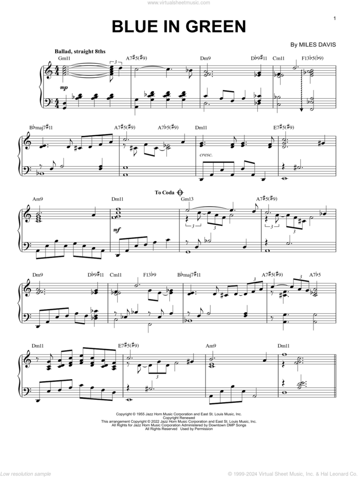 Blue In Green [Jazz version] (arr. Brent Edstrom) sheet music for piano solo by Miles Davis and Brent Edstrom, intermediate skill level