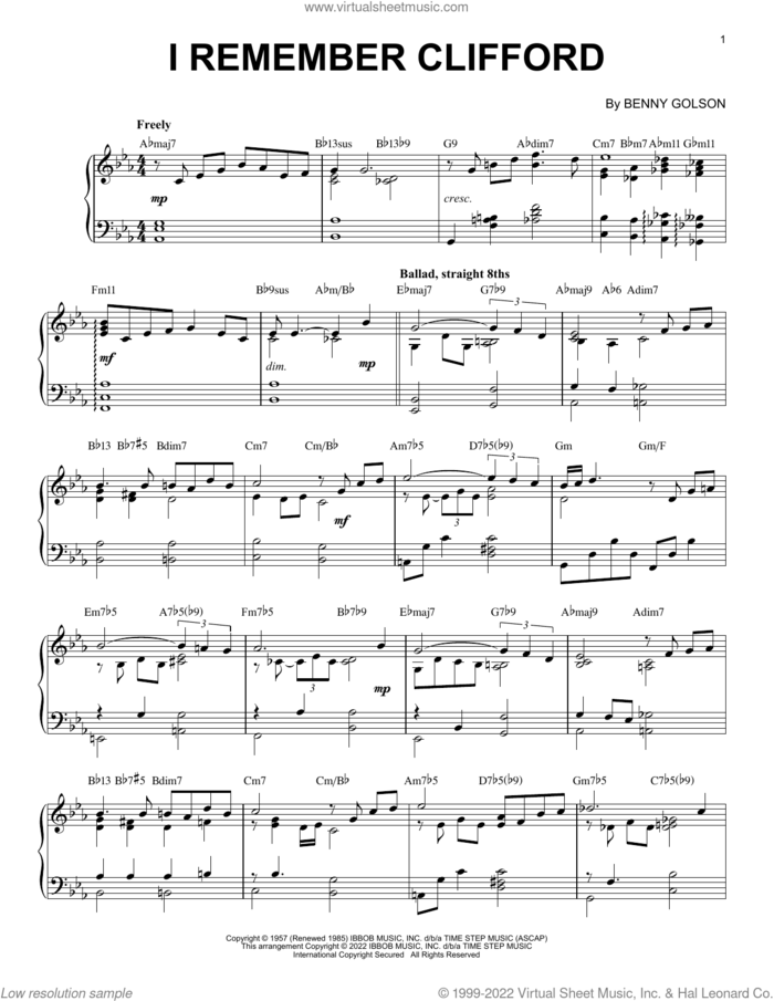 I Remember Clifford [Jazz version] (arr. Brent Edstrom) sheet music for piano solo by Benny Golson and Brent Edstrom, intermediate skill level