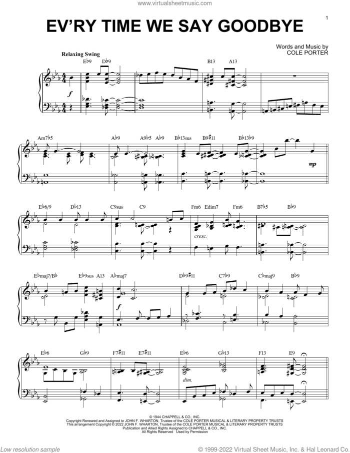 Ev'ry Time We Say Goodbye [Jazz version] (from Seven Lively Arts) (arr. Brent Edstrom) sheet music for piano solo by Cole Porter, Brent Edstrom and Stan Kenton, intermediate skill level