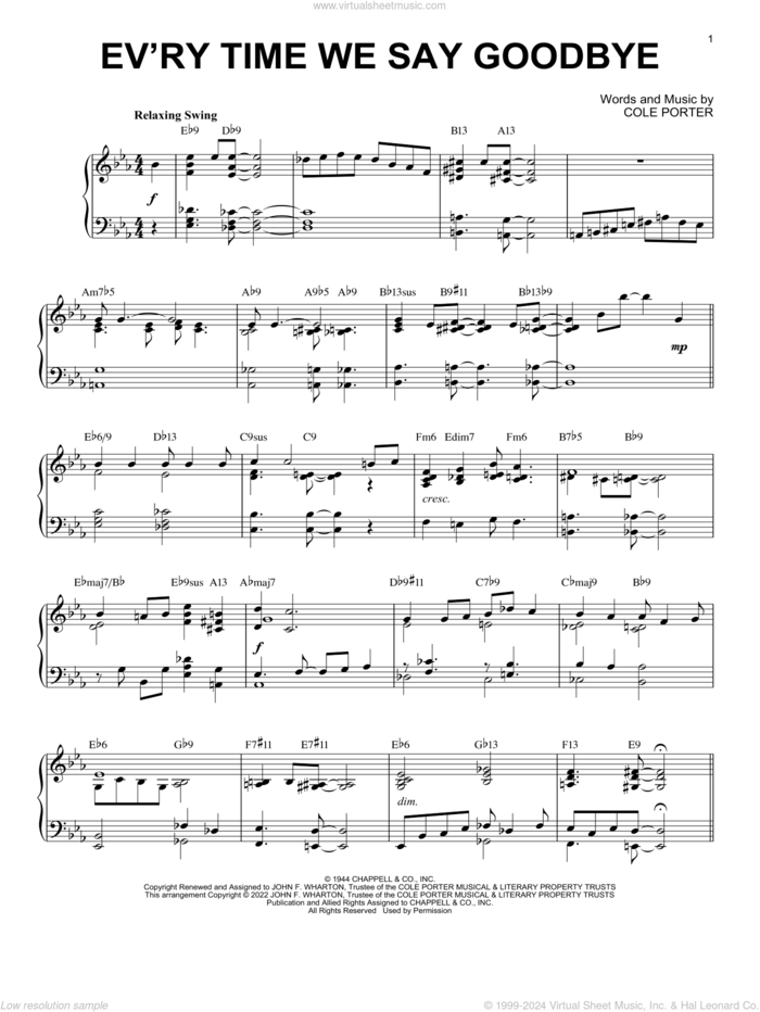 Ev'ry Time We Say Goodbye [Jazz version] (from Seven Lively Arts) (arr. Brent Edstrom) sheet music for piano solo by Cole Porter, Brent Edstrom and Stan Kenton, intermediate skill level