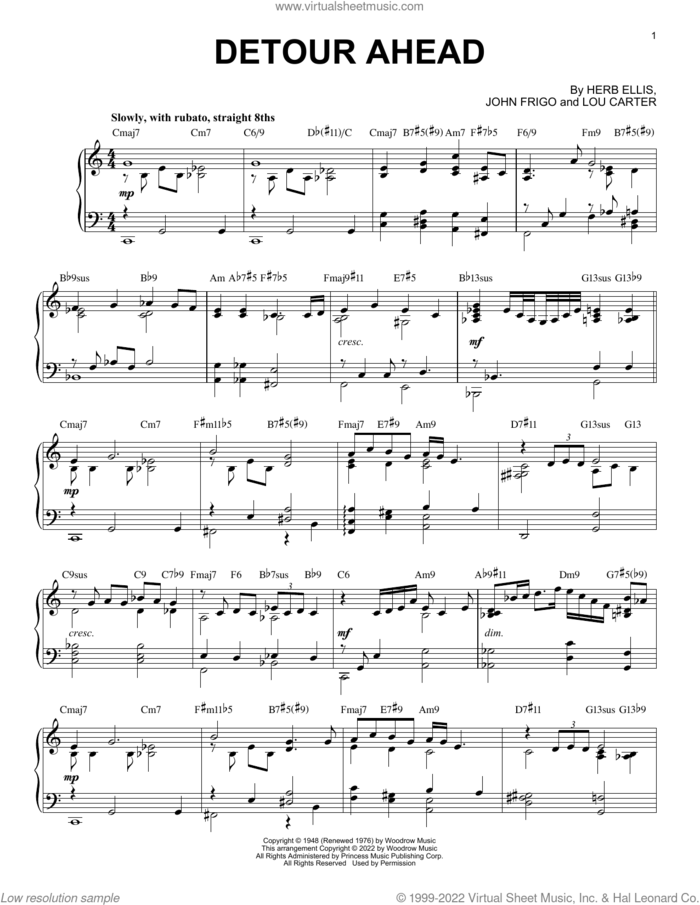 Detour Ahead [Jazz version] (arr. Brent Edstrom) sheet music for piano solo by Herb Ellis, Brent Edstrom, John Frigo and Lou Carter, intermediate skill level