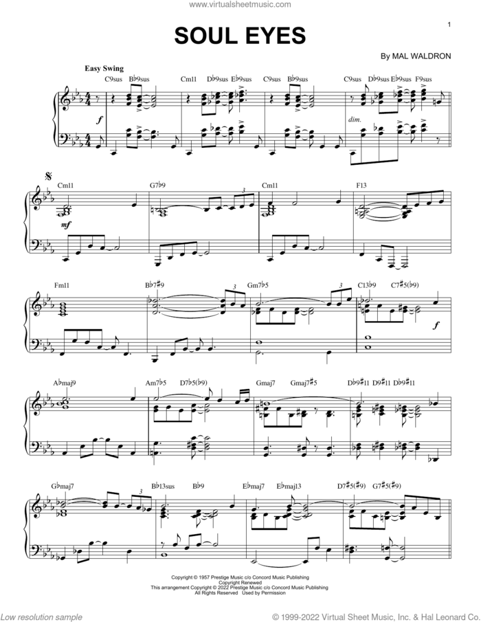 Soul Eyes [Jazz version] (arr. Brent Edstrom) sheet music for piano solo by Mal Waldron and Brent Edstrom, intermediate skill level