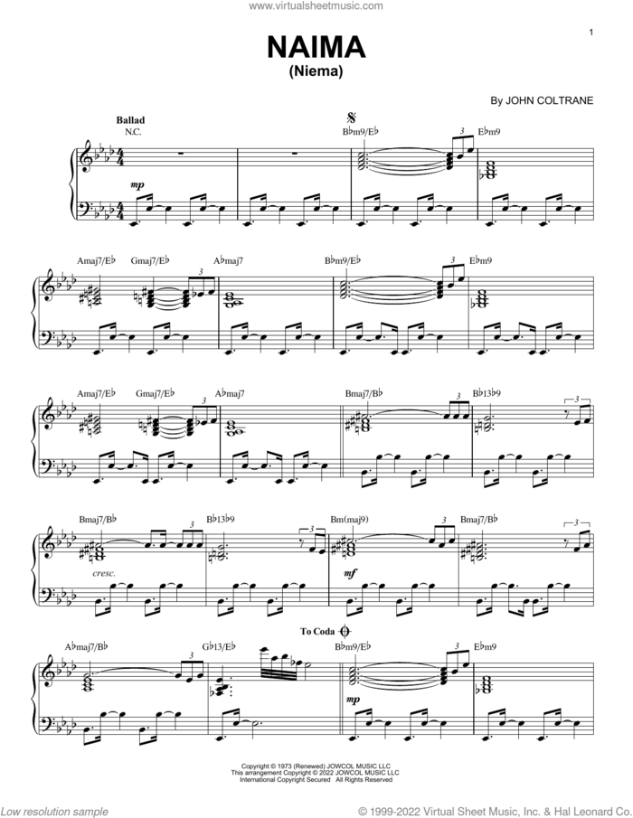 Naima (Niema) [Jazz version] (arr. Brent Edstrom) sheet music for piano solo by John Coltrane and Brent Edstrom, intermediate skill level