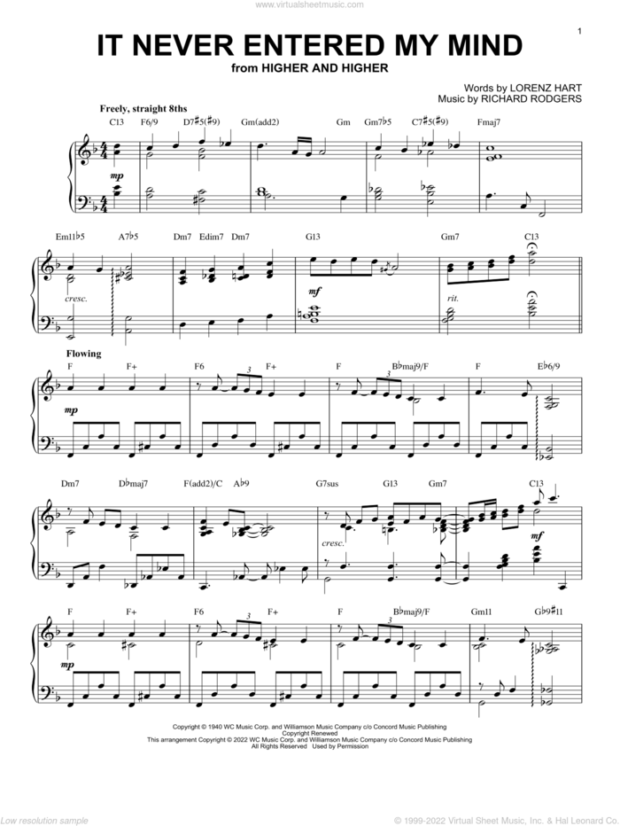 It Never Entered My Mind [Jazz version] (from Higher And Higher) (arr. Brent Edstrom) sheet music for piano solo by Rodgers & Hart, Brent Edstrom, Lorenz Hart and Richard Rodgers, intermediate skill level