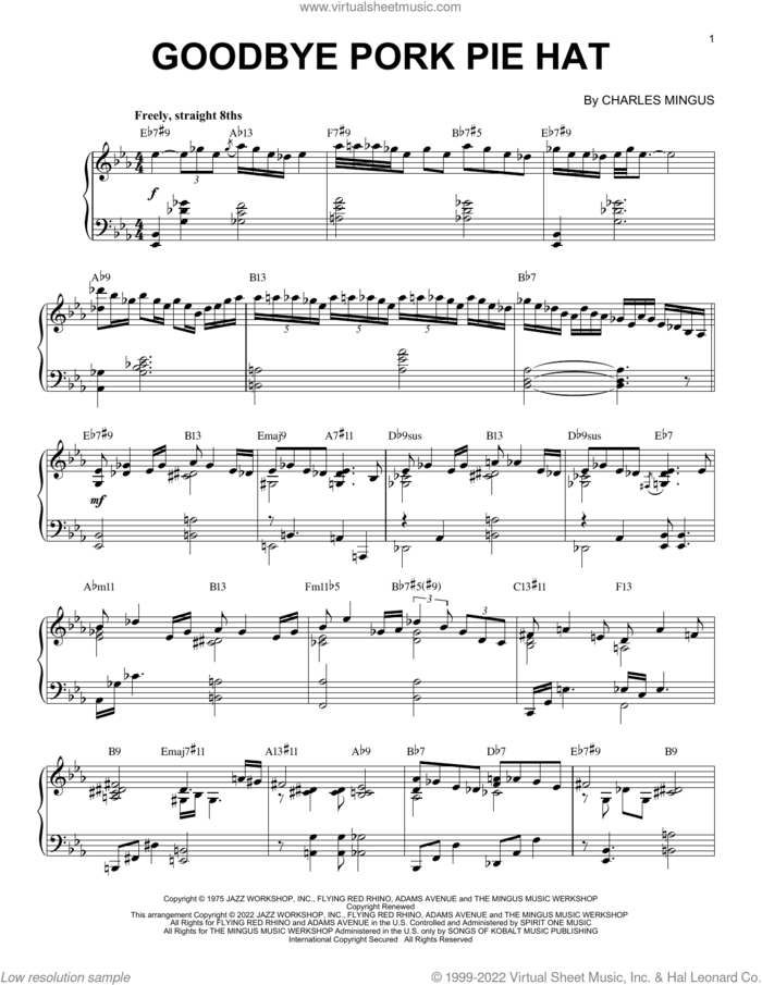 Goodbye Pork Pie Hat [Jazz version] (arr. Brent Edstrom) sheet music for piano solo by Charles Mingus and Brent Edstrom, intermediate skill level