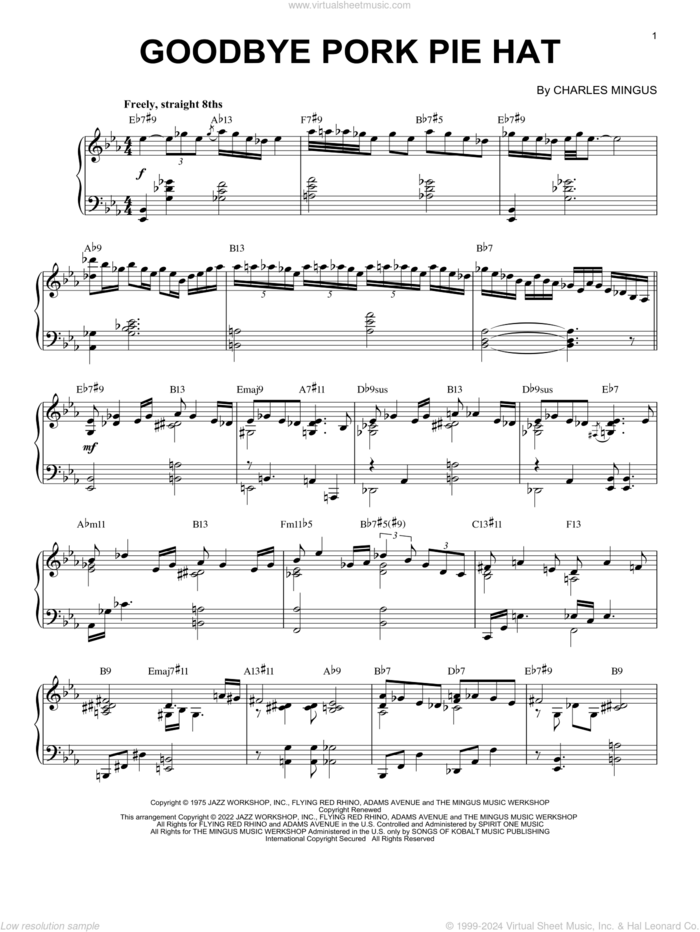 Goodbye Pork Pie Hat [Jazz version] (arr. Brent Edstrom) sheet music for piano solo by Charles Mingus and Brent Edstrom, intermediate skill level