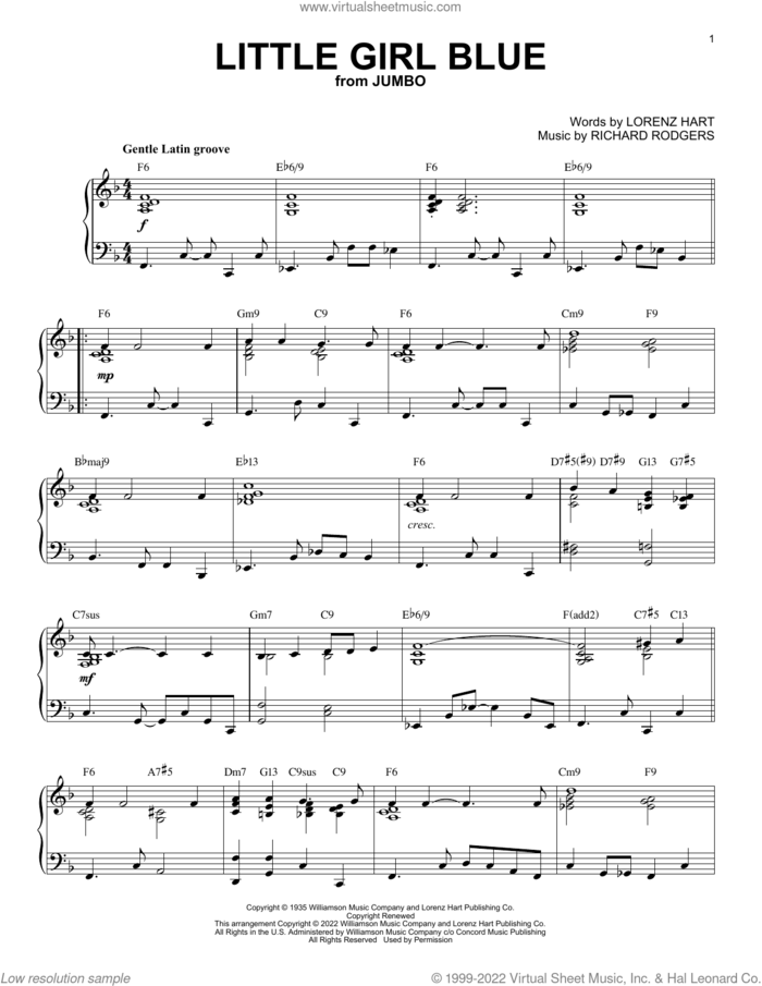 Little Girl Blue [Jazz version] (from Jumbo) (arr. Brent Edstrom) sheet music for piano solo by Rodgers & Hart, Brent Edstrom, Lorenz Hart and Richard Rodgers, intermediate skill level