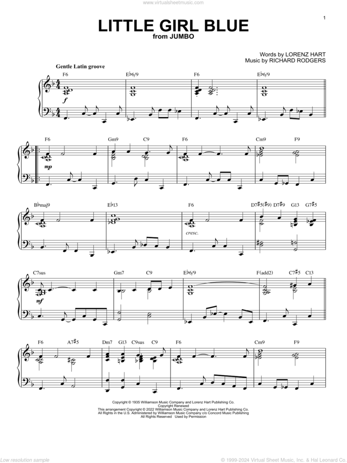 Little Girl Blue [Jazz version] (from Jumbo) (arr. Brent Edstrom) sheet music for piano solo by Rodgers & Hart, Brent Edstrom, Lorenz Hart and Richard Rodgers, intermediate skill level