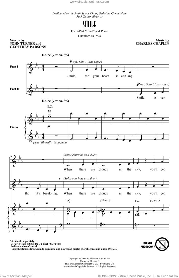Smile (arr. Roger Emerson) sheet music for choir (3-Part Mixed) by Charles Chaplin, Roger Emerson, Geoffrey Parsons and John Turner, intermediate skill level