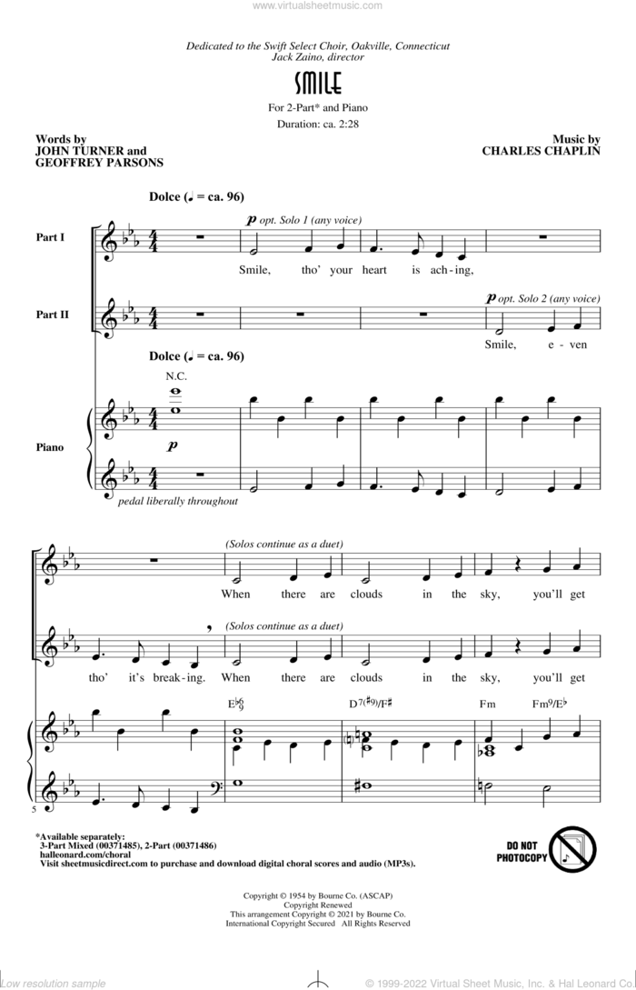 Smile (arr. Roger Emerson) sheet music for choir (2-Part) by Charles Chaplin, Roger Emerson, Geoffrey Parsons and John Turner, intermediate duet