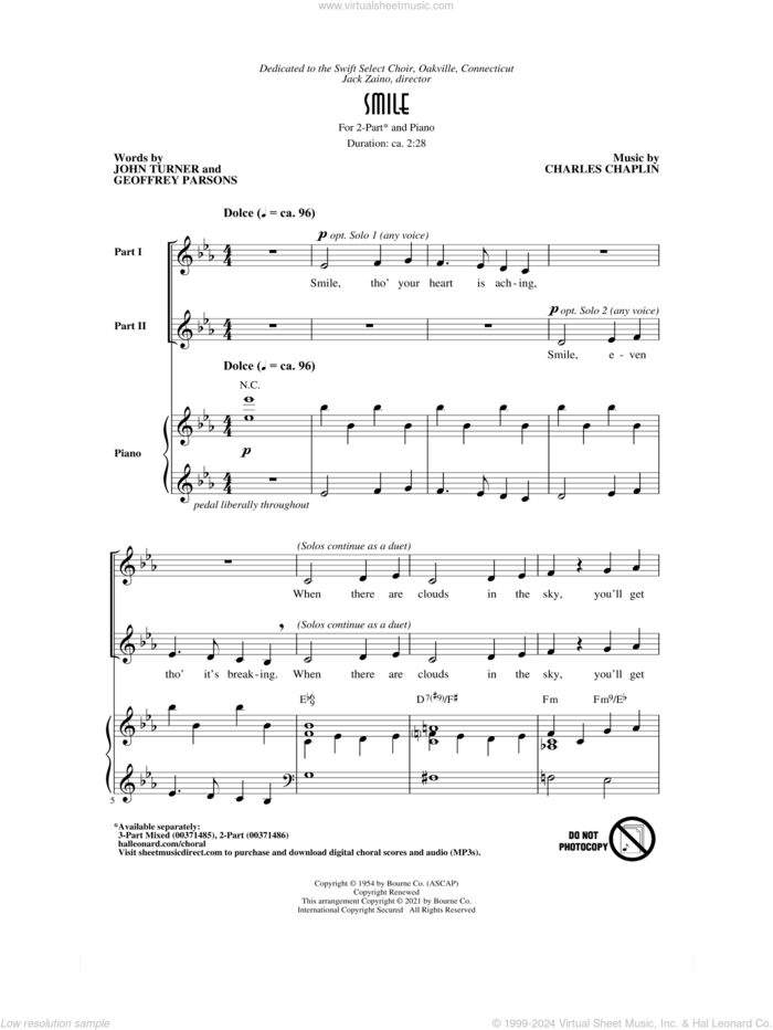 Smile (arr. Roger Emerson) sheet music for choir (2-Part) by Charles Chaplin, Roger Emerson, Geoffrey Parsons and John Turner, intermediate duet