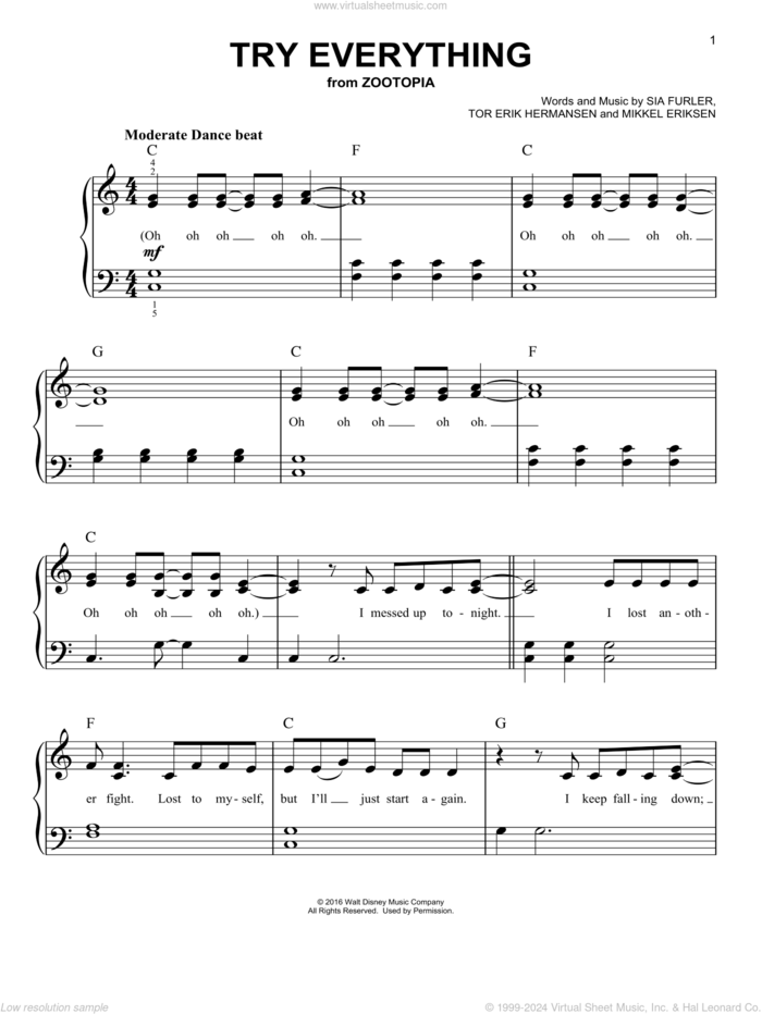 Try Everything (from Zootopia), (beginner) sheet music for piano solo by Shakira, Mikkel Eriksen, Sia Furler and Tor Erik Hermansen, beginner skill level