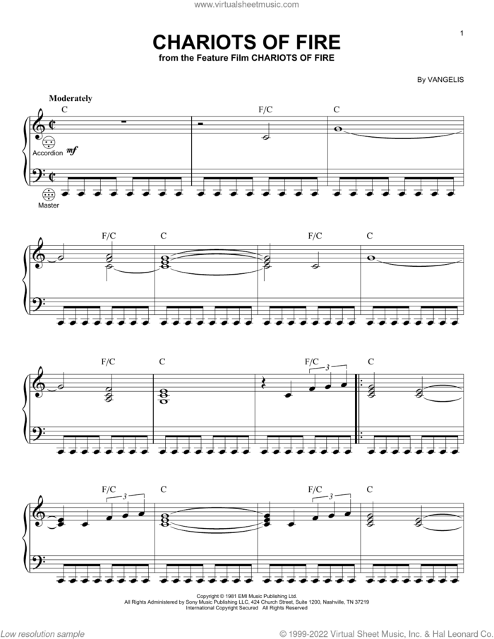 Chariots Of Fire sheet music for accordion by Vangelis, intermediate skill level