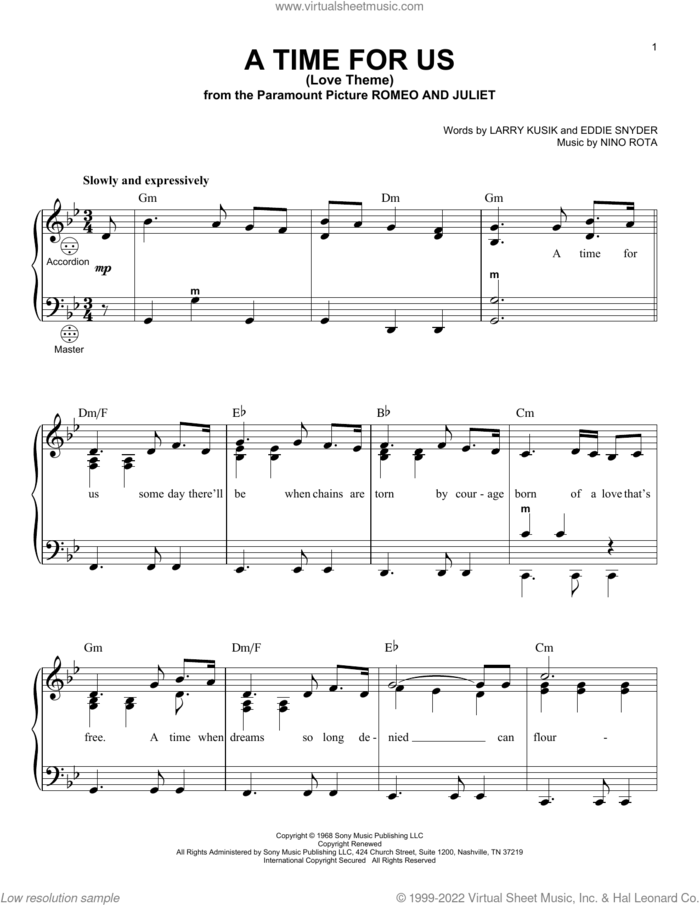 A Time For Us (Love Theme) sheet music for accordion by Nino Rota, Eddie Snyder and Larry Kusik, intermediate skill level