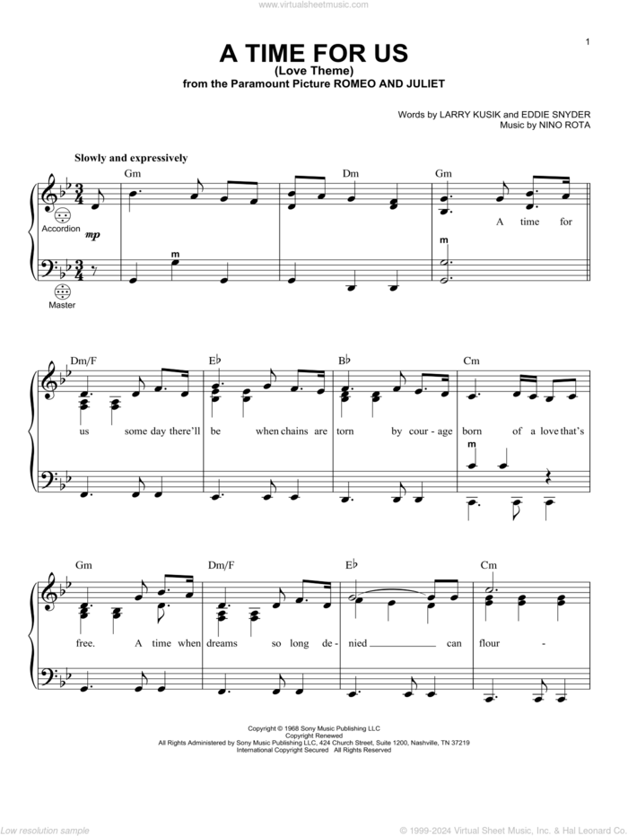 A Time For Us (Love Theme) sheet music for accordion by Nino Rota, Eddie Snyder and Larry Kusik, intermediate skill level