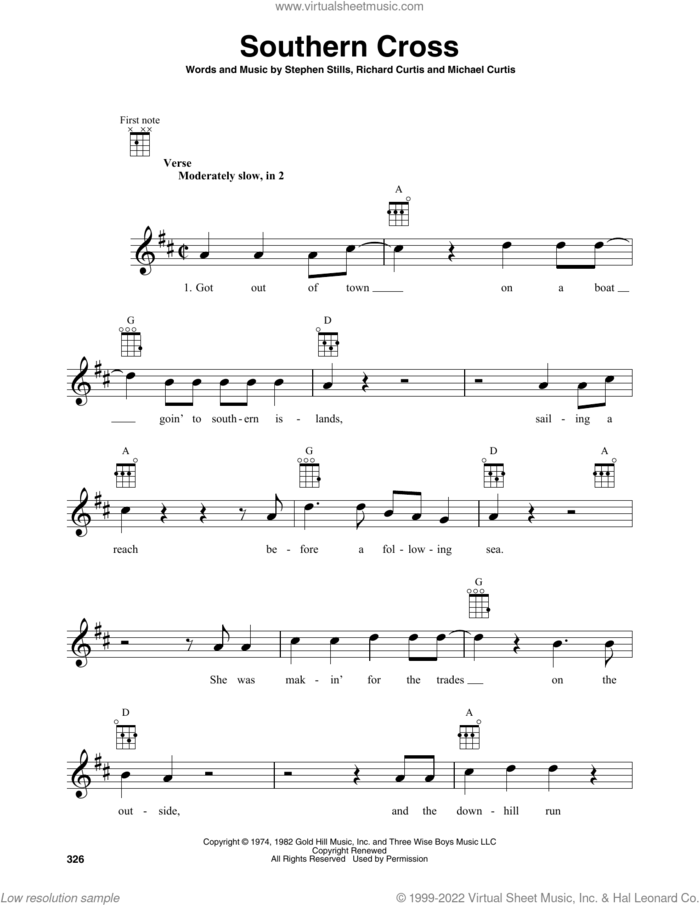 Southern Cross sheet music for baritone ukulele solo by Crosby, Stills & Nash, Michael Curtis, Richard Curtis and Stephen Stills, intermediate skill level