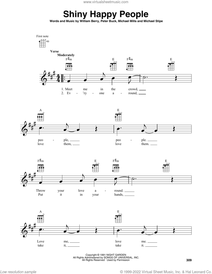 Shiny Happy People sheet music for baritone ukulele solo by R.E.M., Michael Stipe, Mike Mills, Peter Buck and William Berry, intermediate skill level